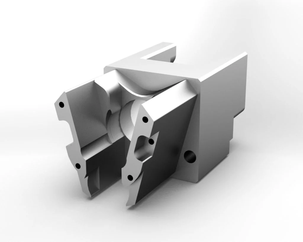 Frästeil: eloxierter Aluminiumteil mit vielen Fräskonturen.