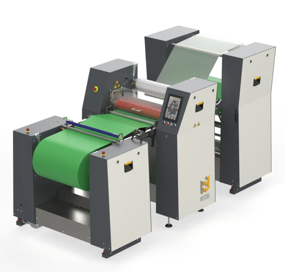 UVL60 roll-to-roll laminator with product unwinder, two integrated film unwinders, one product rewinder and two protective-film rewinders.