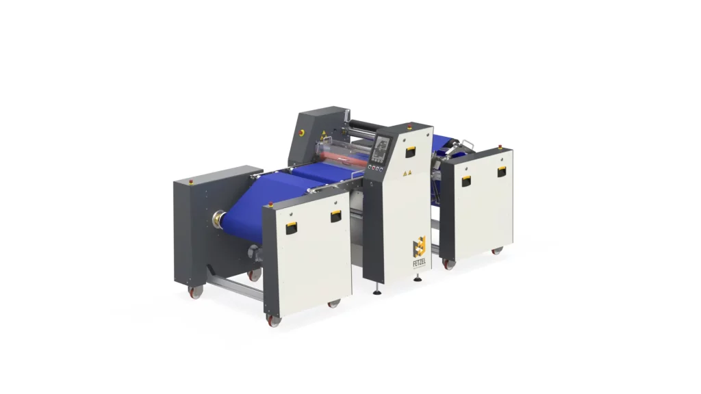 Laminator with extra-long infeed and outfeed tables for processing long sheet materials, such as stainless steel sheets, aluminum sheets, circuit boards, wood panels, or ceramic materials