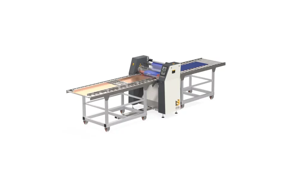 Laminator with extra-long infeed and outfeed tables for processing long sheet materials, such as stainless steel sheets, aluminum sheets, circuit boards, wood panels, or ceramic materials