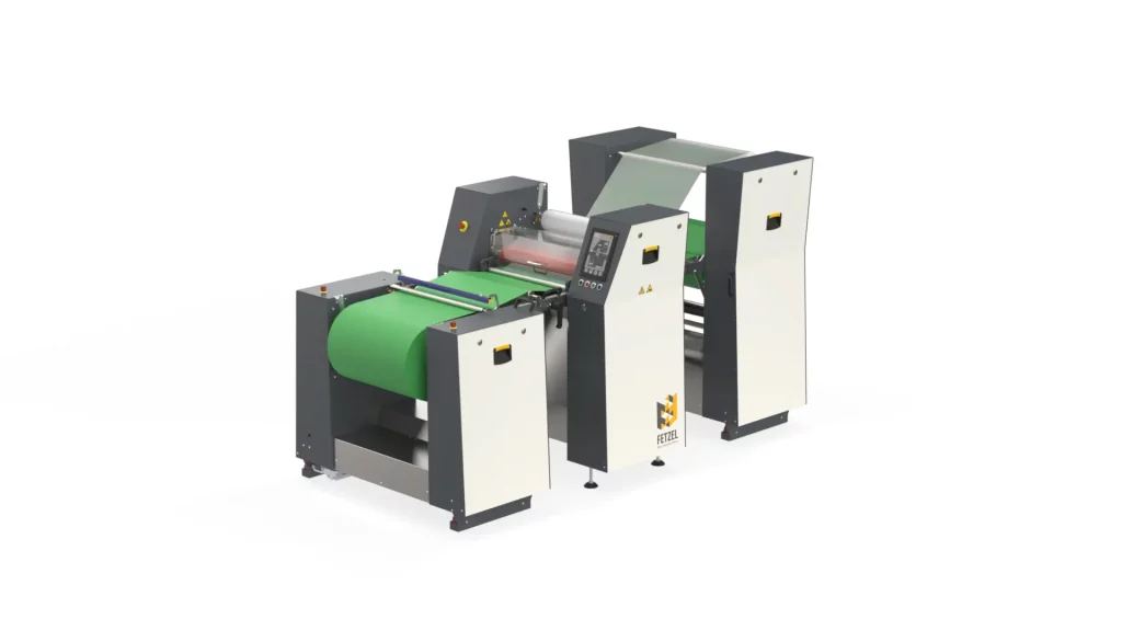 Roll-to-roll laminator, special design for membranes and fuel cells, featuring a large product unwinder and winders for the product and protective films