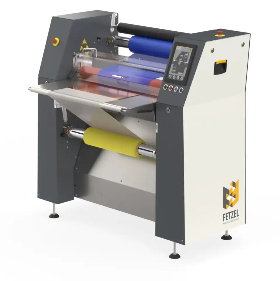UVL60 laminator with heated laminating rollers, two film feeders, and a simple infeed table. The machine supports various processing modes, including sheet-to-sheet, sheet-to-roll, and roll-to-sheet.