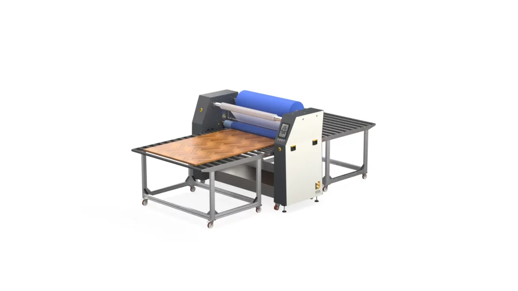 UXL160 large-format laminator with a working width of up to 1600 mm, featuring long roller tables at the front and rear of the machine. For example, for applying protective film to wood, metal, or other panel-shaped components.