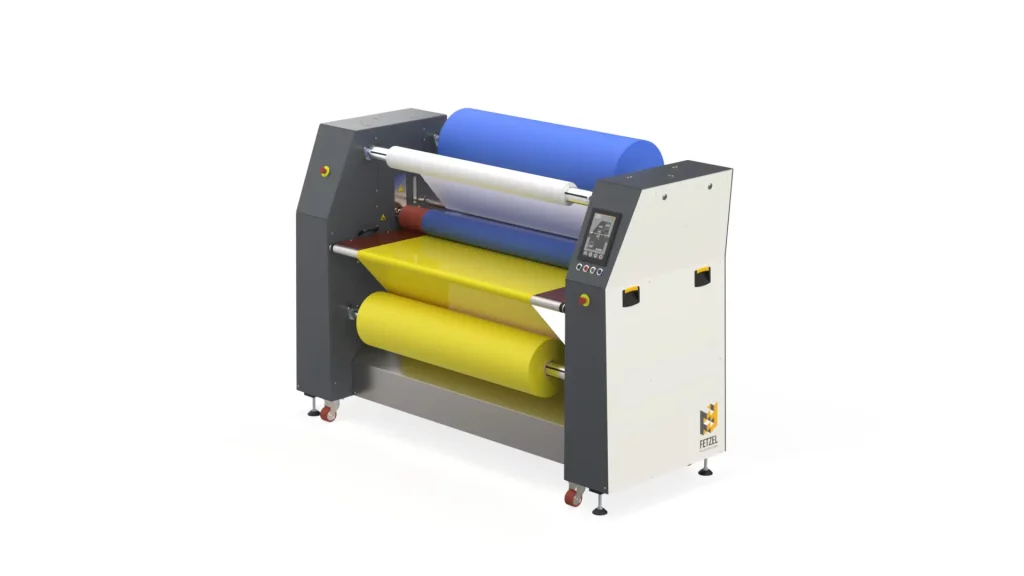 UXL160 large-format laminator with a working width of up to 1600 mm, featuring a short infeed table, two film unwinding units, and a protective film winding unit for laminating two films—or applying protective film to both sides of a panel-shaped component.